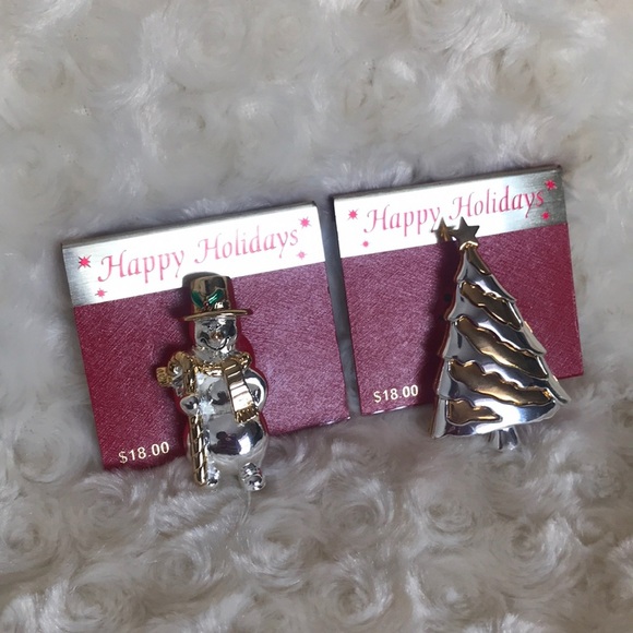 Rare Happy Holidays Snowman & Tree Brooch Pins NWT - Picture 7 of 10